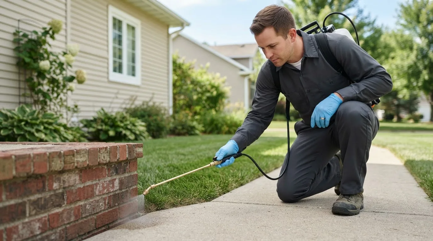Pest control technician treating a home near Rossville, IN