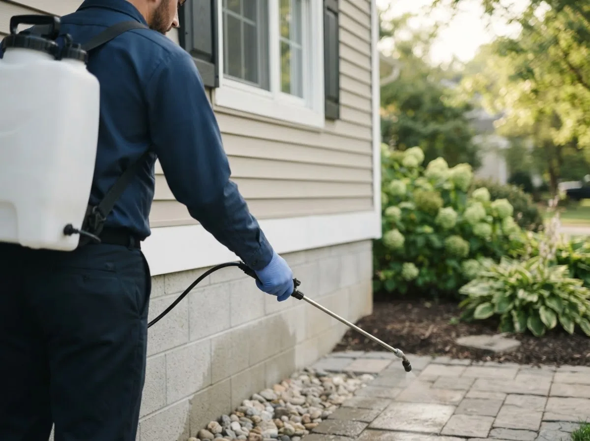 Pest control technician inspecting a home in Rossville, IN